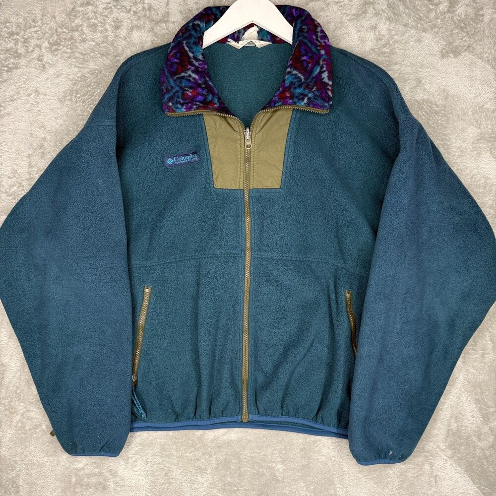 Vtg 90s Columbia Jacket Mens XL Teal Fleece Pockets Full Zip Outdoor Ski Winter